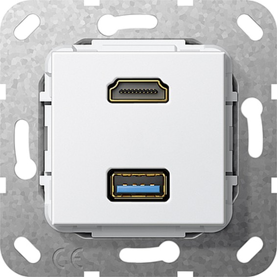 Розетка HDMI+USB Gira SYSTEM 55, скрытый монтаж, белый, 567803