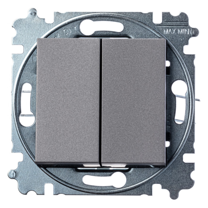 Выключатель двухклавишный ABB LEVIT, сталь // дымчатый черный, 2CHH590545A6069